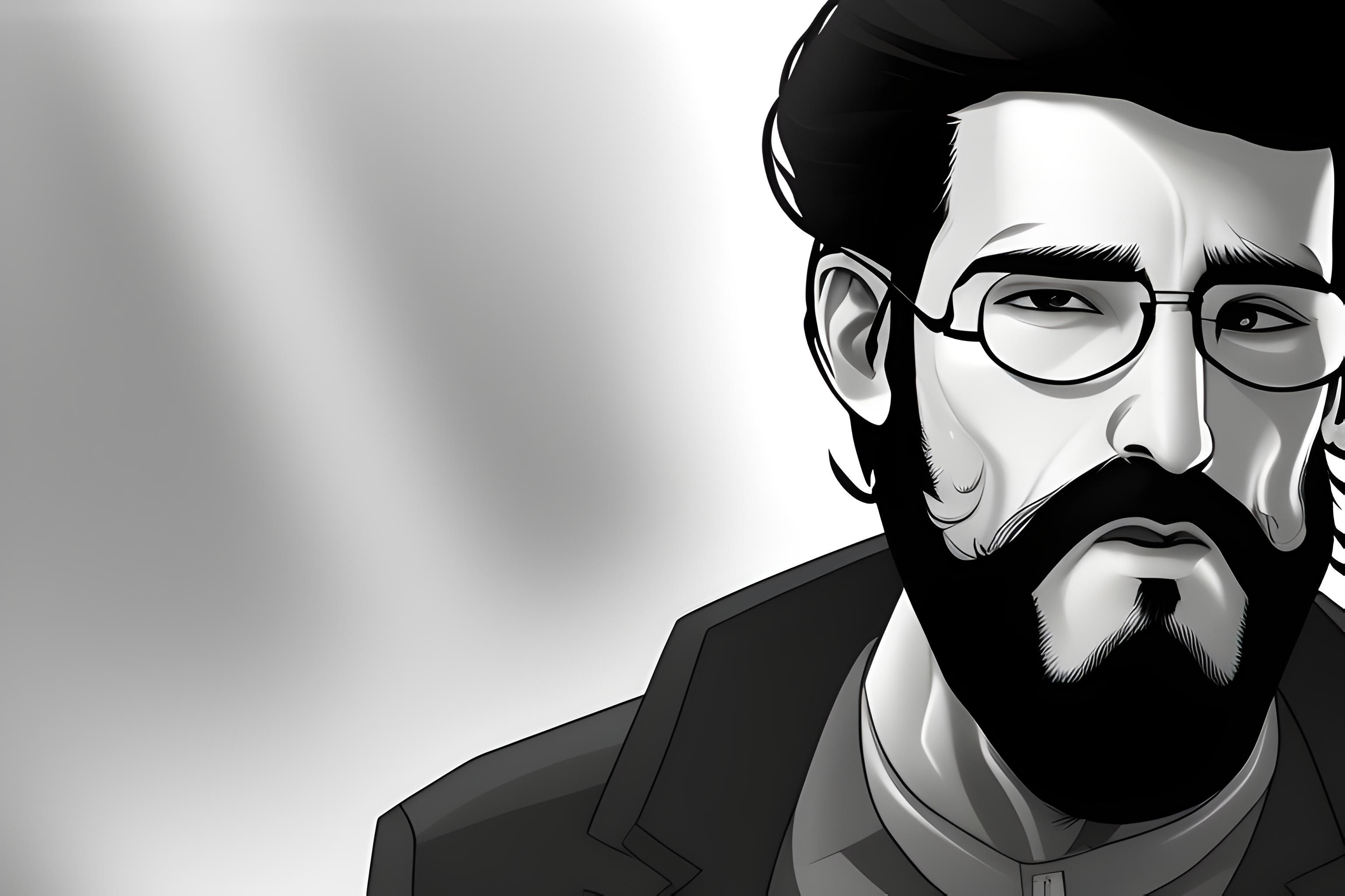 un hombre de 30 años con barba moderada caminando entre personas estilo matrix donde todos voltean …